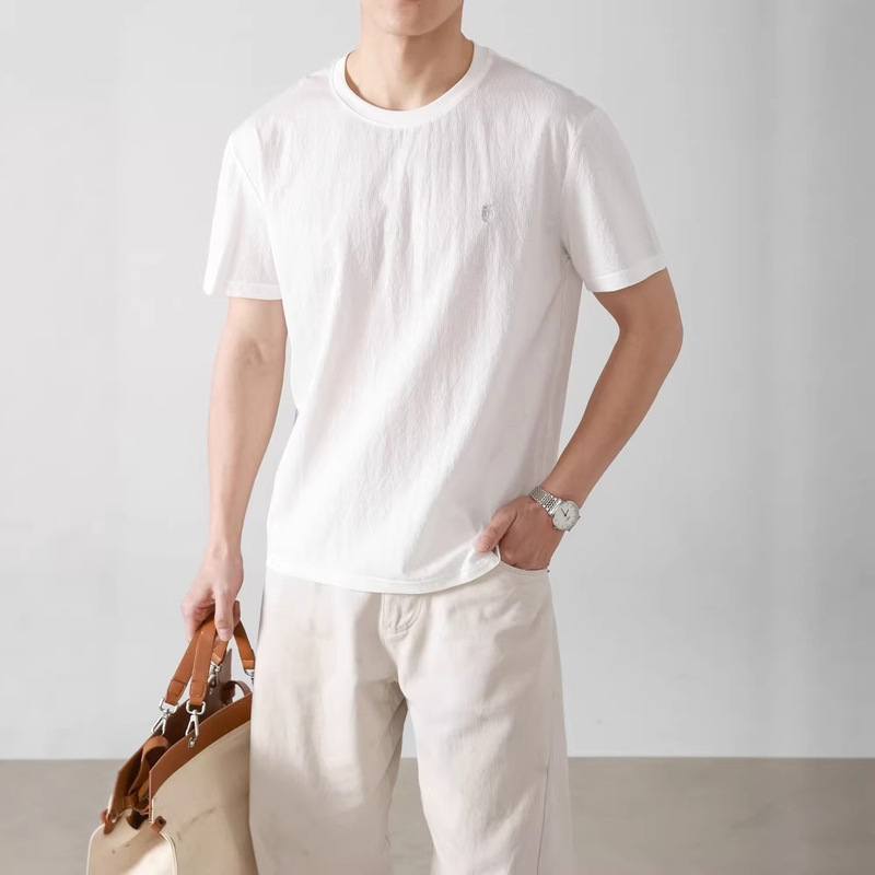 2026 Shanjuni Thin Textured Wrinkle-Effect Cotton-Linen-Like Men's Short-Sleeve T-Shirt in Solid Color with National Style Embroidery