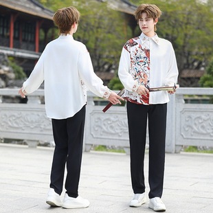 New Chinese Style Men's Youth National Retro Jacquard Shirt with Han Elements, Chinese Trend Embroidered Top and Casual Pants Set