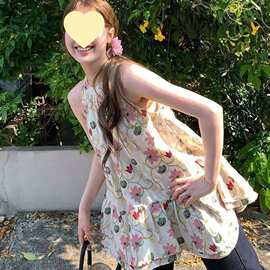 粉色碎花挂脖吊带背心裙女外穿夏季重工印花不规则荷叶边无袖上衣