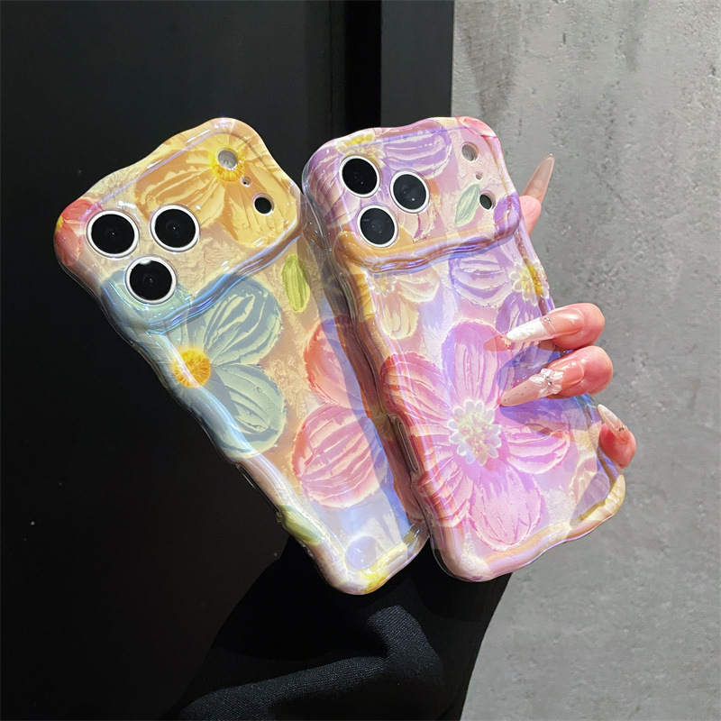 Wave edge IMD suitable for iPhone 18 Pro Max phone case, 13 pink and blue floral design, 16/15 twisted oil painting style, 17