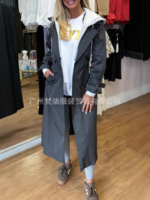 现货欧美2025秋冬亚马逊跨境新款连帽翻领假两件休闲长款风衣外套|undefined