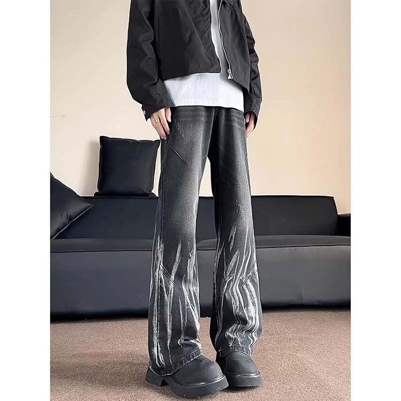 Mud amarillo teñido de lavado con espiga jeans hombre estilo americano delgado microbolar estrecho piso de cintura alta pantalones de cemento
