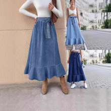 欧美跨境休闲牛仔半身裙女装 高腰中长款包臀荷叶边百褶裙纯色