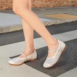 休闲舒适透气镂空橡胶底防滑一字带羊皮女单鞋气质玛丽珍女鞋大码