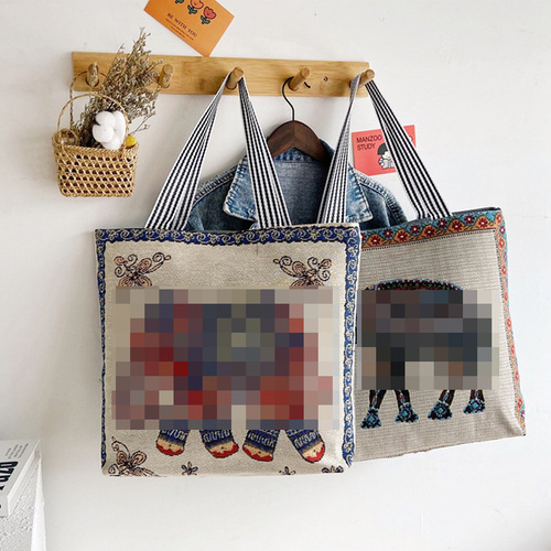 Handmade Vintage Ethnic Style Large Canvas Tote Bag with Embroidery for Shopping, Fashion Single Shoulder Women's Bag from New Malaysia and Thailand