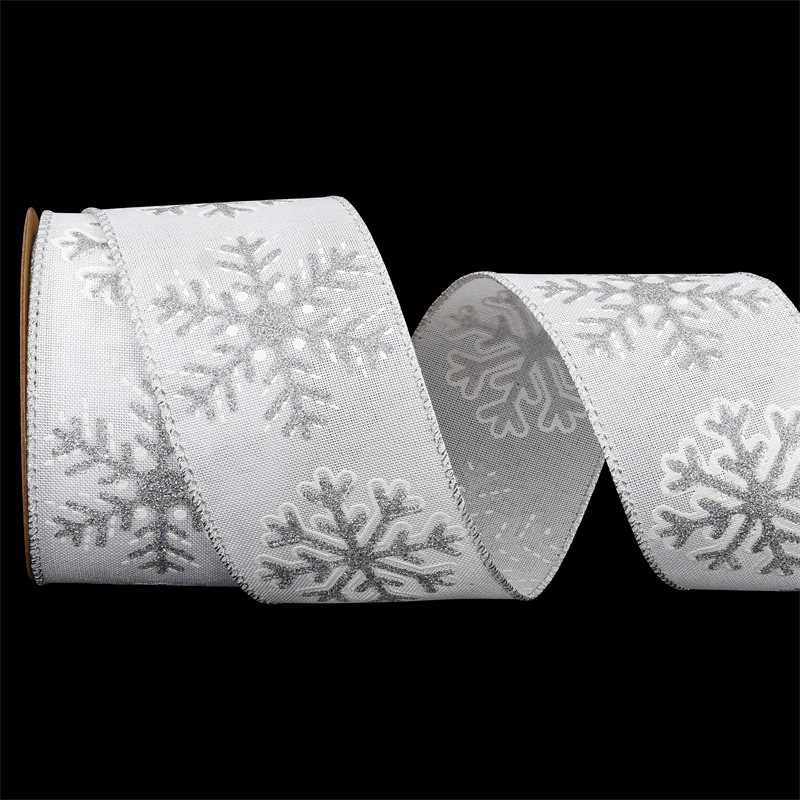 63mm Amazon transfronterizo nueva cinta de lino de Navidad impresa en polvo brillante gran cinta de decoración de nieve de Navidad