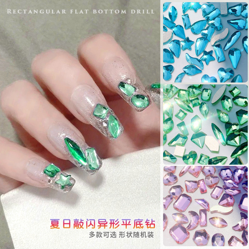 Summer new nail drill light green pink flat shaped diamond Platycodon green light blue glass crystal nail Diamond