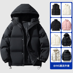 棉服男加厚纯色连帽面包服保暖拉链门襟马甲冬季通勤立领外套棉衣