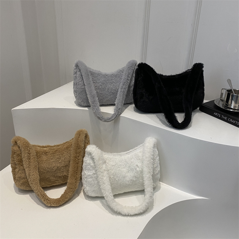 2025 primavera nueva bolsa de hombro de lana coreana, bolso de brazo casual de moda, bolso de moda de peluche de estilo extranjero
