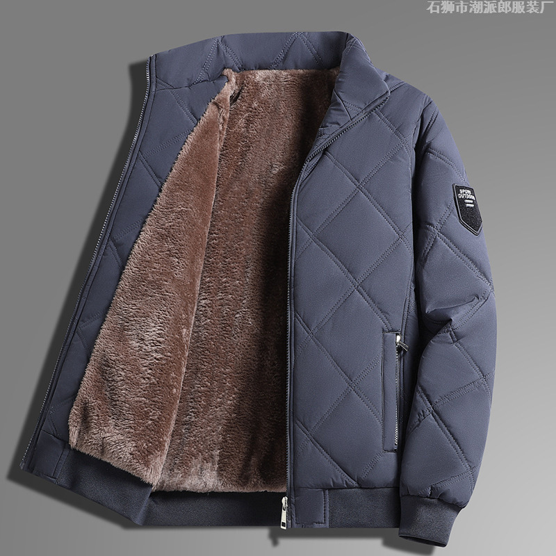 Middle-Aged Men's Fleece-Lined Cotton Jacket Autumn and Winter Warm Stand Collar Jacket 2025 New Trendy Brand Men's Casual Cotton Coat