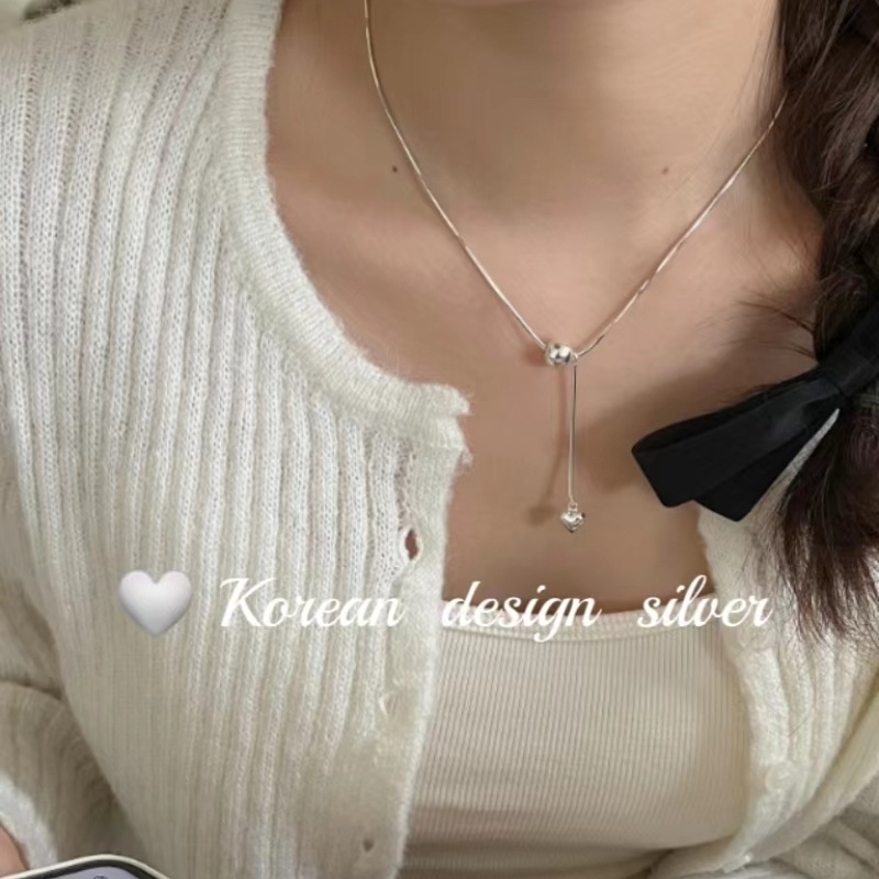 韓國ins網紅同款銀飾品 S925純銀圓球流蘇愛心蛇骨項鍊 顯鎖骨女