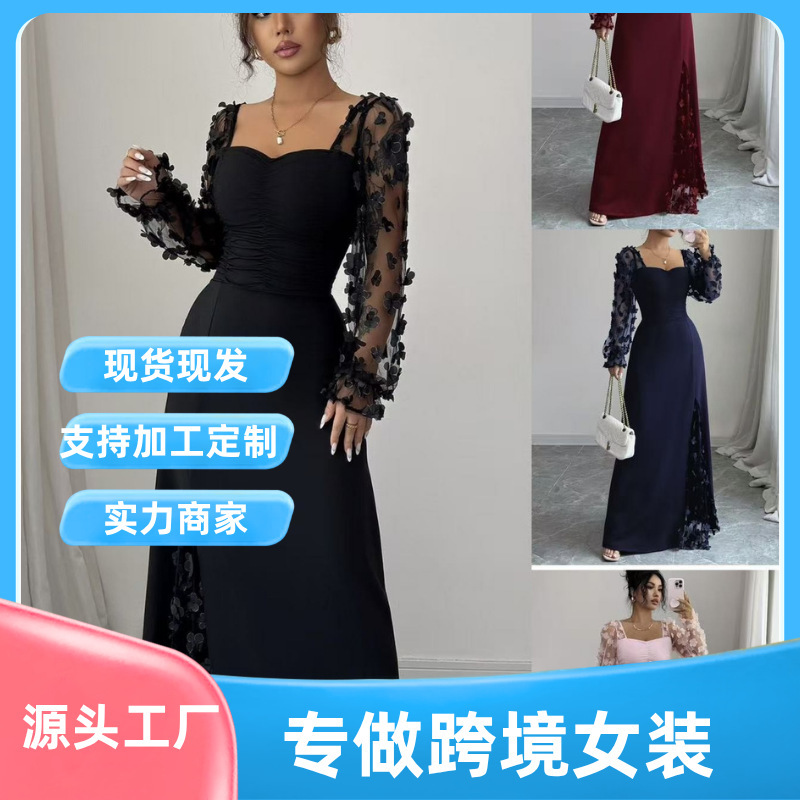 2026 European and American Cross-Border Square-Neck Lace Long-Sleeve Evening Dress for Women, Elegant and Stylish, Waist-Cinching, Slit Long Dress 2026 European and American Cross-Border Square-Neck Lace Long-Sleeve Evening Dress for Women, Elegant and Stylish, Waist-Cinching, Slit Long Dress