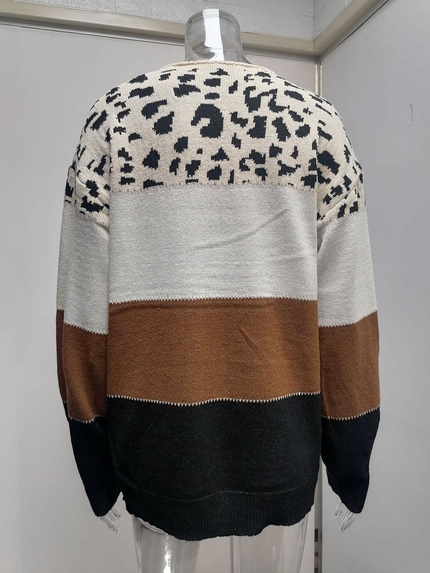 Sweater Tops Type Daily, Street Occasion Women's Sweater Long Sleeve Sweaters & Cardigans Contrast Binding Streetwear Color Block Leopard