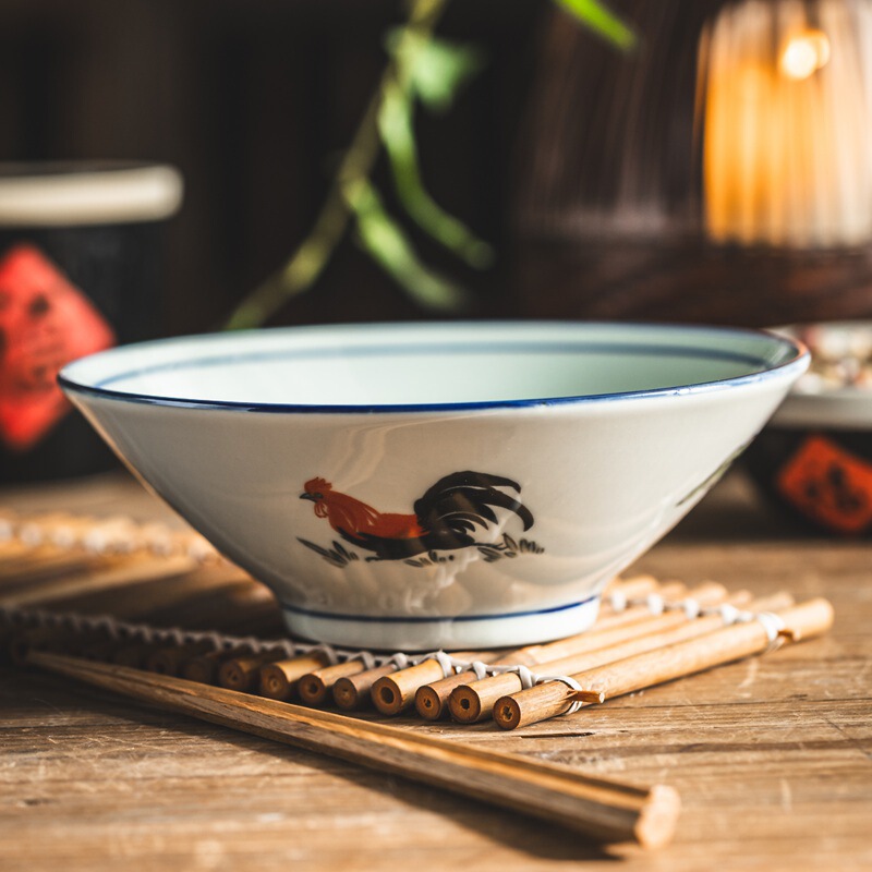 Old-Fashioned Bucket Bowl Ceramic Cock Bowl Vintage Celadon Rice Bowl 7-inch Noodle Bowl Large Bowl Household Noodle Bowl Tableware