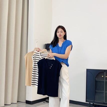 0513-99 Summer High-Quality Linen Knitted Summer Short-Sleeved T-Shirt Women's Top X