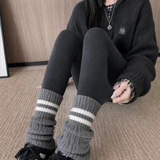 竖条纹打底裤女秋冬加绒加厚棉裤紧身薄绒秋裤外穿螺纹针织连裤袜