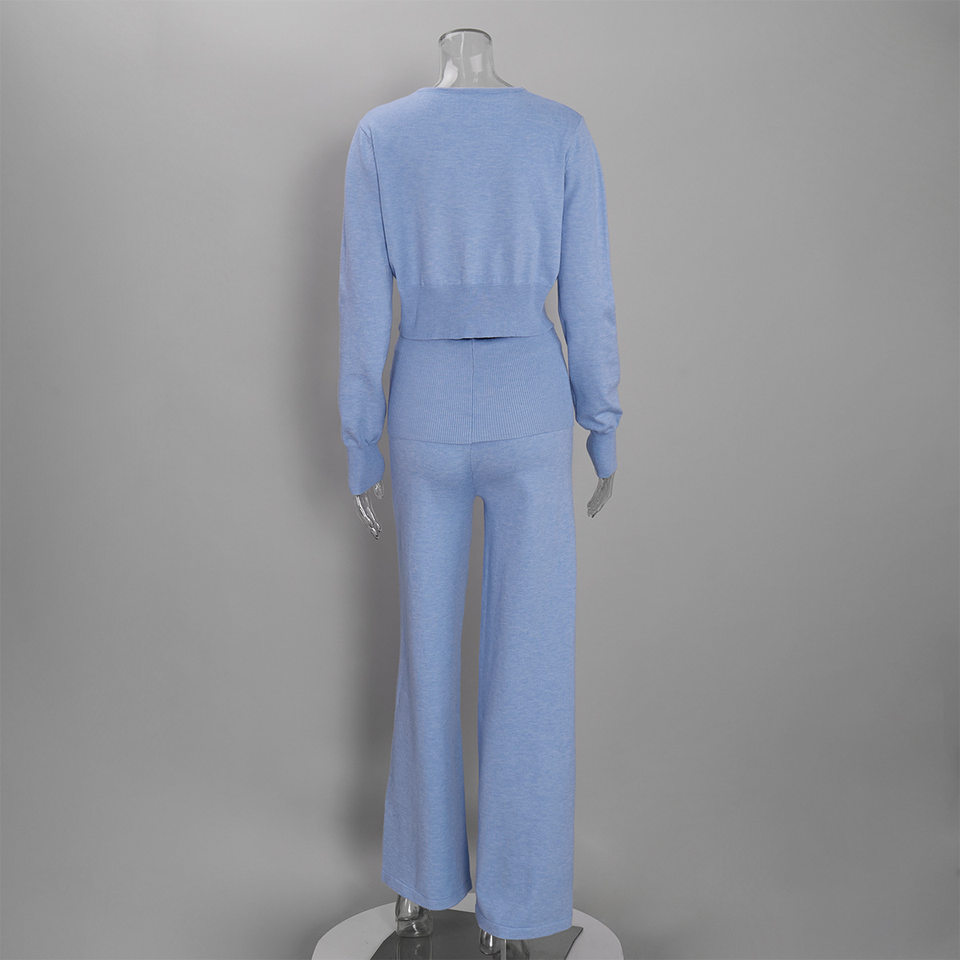 Bộ hai món nữ gồm áo khoác cardigan dệt kim dáng ngắn cổ chữ V và quần ống rộng cạp cao — Màu cà phê, Màu hồng, Màu trắng, Màu xanh dương chi tiết 48