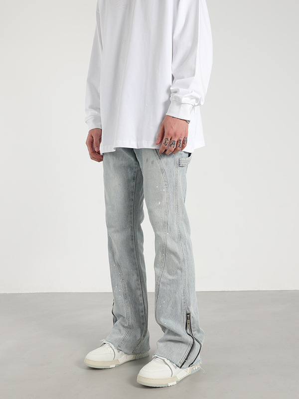 American high street splash-ink light-colored jeans fashion brand curve stitching Burr micro horn trousers zipper drop pants
