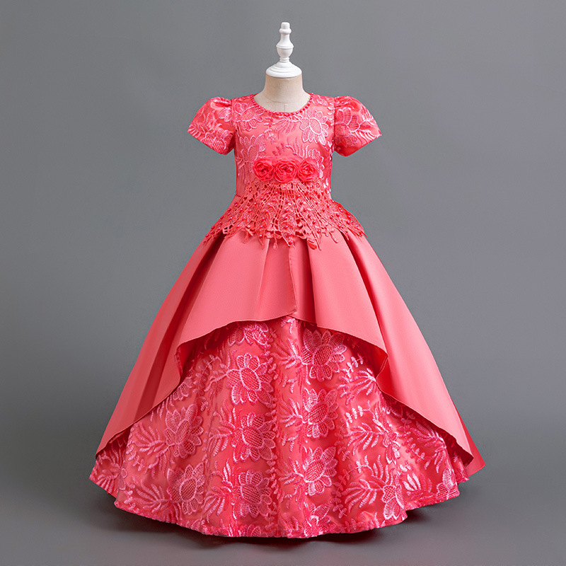 2025 European and American Style Dresses, Formal Wear, Medium to Large Children's Clothing, Girls' Long Satin Embroidered Princess Dresses, Cross-Border Hostess Ball Dresses