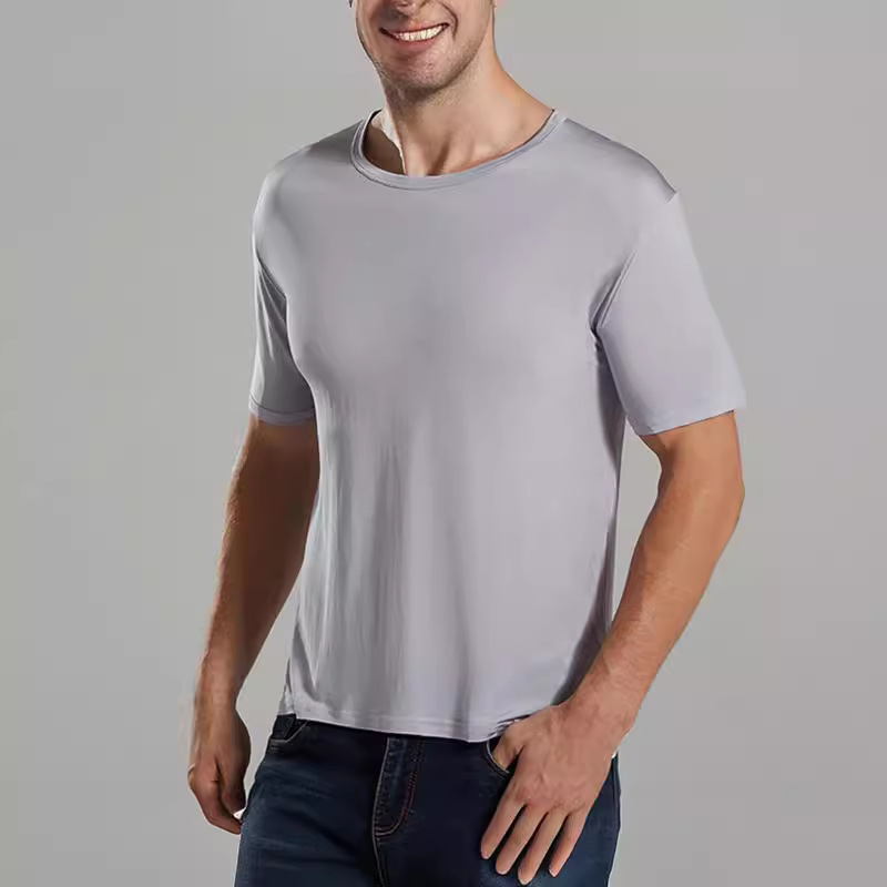 100% Mulberry Silk Men's Summer Thin Breathable T-Shirt Old Man's Shirt Knitted Silk Pajamas Home Wear Casual Tops