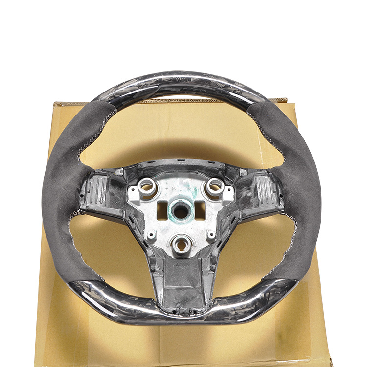 100% Real Carbon Fiber Steering Wheel Modification - For Tesla Model 3 Y - Forged Carbon Fiber Suede Leather White Stitching Steering Wheel