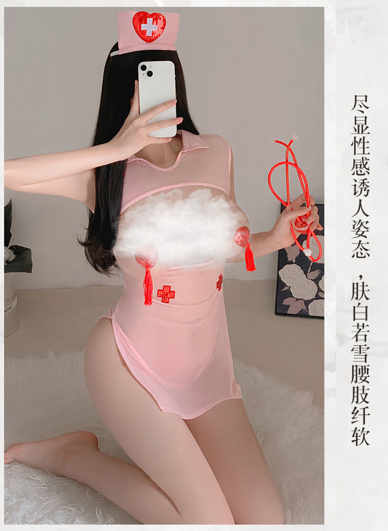Nurse Roleplay Lingerie Set with Mesh See-Through Skirt and Thong, Pink One Size — detail image 5