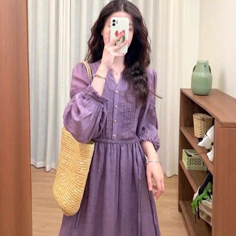 Purple Dress for Women Spring 2025 New French Retro Heavy Industry Round Neck Long Sleeve Super Nice Shirt Elegant Long Skirt