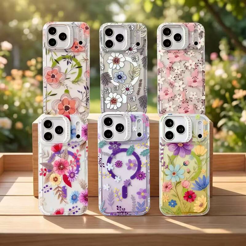 European and American New Models Suitable for Apple 18Promax Floral Magnetic Phone Case Iphone17 Diamond-Encrusted Stand Imd Case