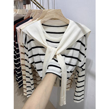 东莞市大朗春季新款女装时尚披肩撞色条纹衫百搭针织衫两件套上衣