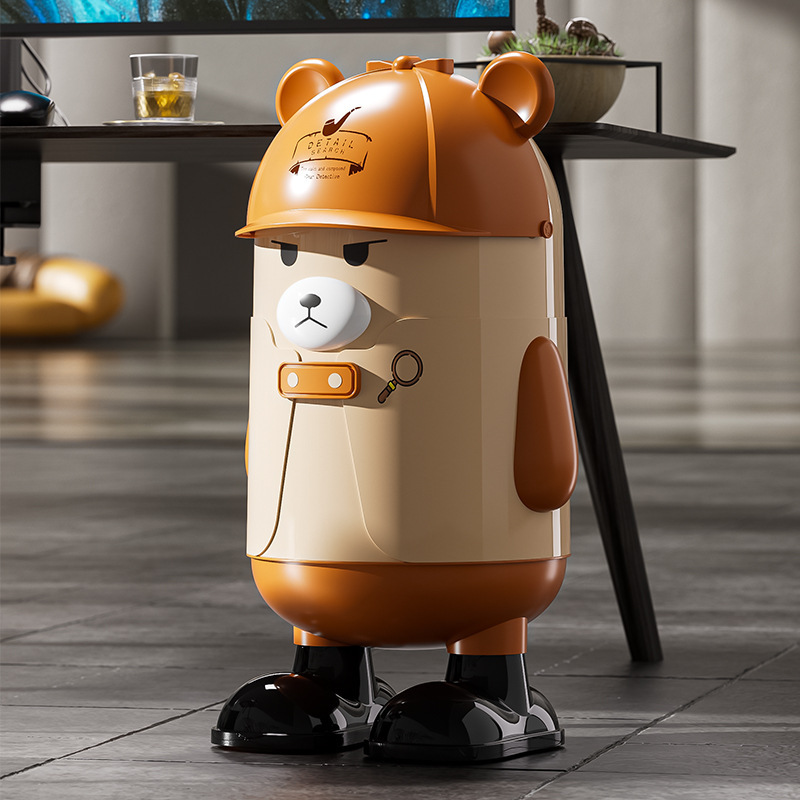 Large-Capacity Flip-Top Trash Can for Home Use in the Living Room, High-End Trash Bin for the Bedroom, Creative Detective Bear Sealed Trash Can