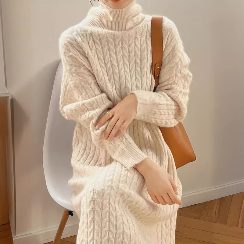 Korean Style Elegant Twist Loose Lazy Knitted Dress Women's Autumn and Winter New Straight Mid-length Bottoming Sweater Dress