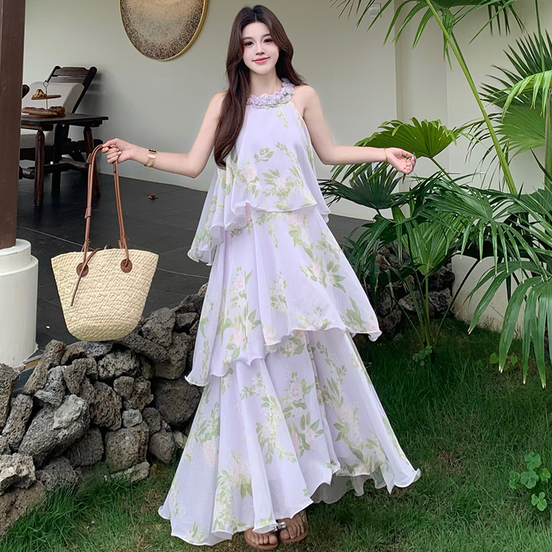 2026 New Summer Style Chiffon Maternity Wear Summer Vacation Style Halter Neck Maternity Dress Fairy Dress