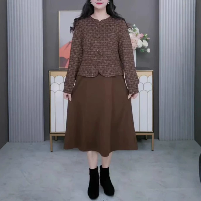 Осенний и зимний новый ретро новый китайский клетчатый стиль высокого класса среднего возраста большой размер тонкий темперамент толстая мама платье платье женская одежда