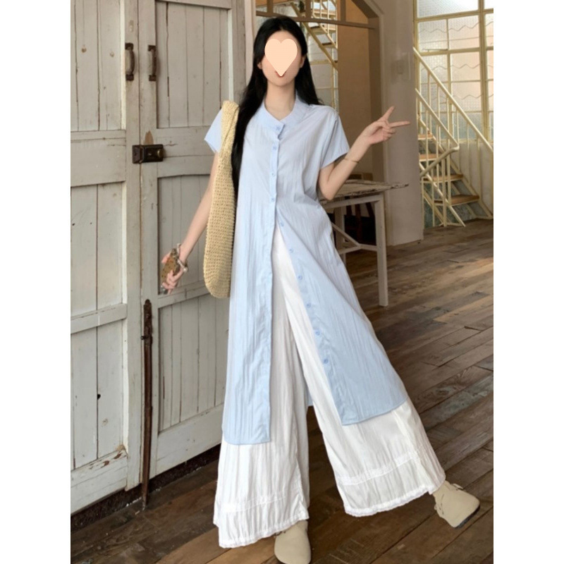 Women's 2025 Summer Outfit Set: Pear-Shaped Slimming Light Blue Yamamoto-Style Wide-Leg Pants Two-Piece Set