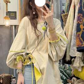 撞色慵懒宽松开叉灯笼袖长袖卫衣恤女新款开春穿搭韩系上衣