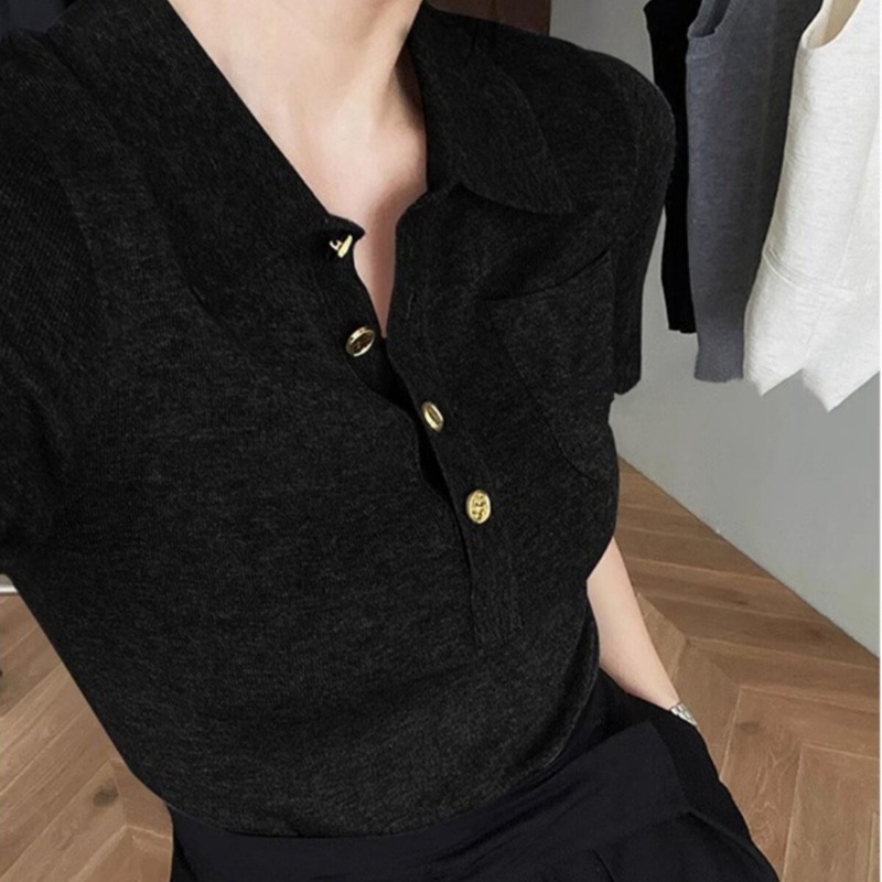 French-Style Polo Collar Black Short-Sleeve Knit Top for Women, Summer Short-Length, High-End Feel, Ice Silk, Regular Shoulder T-Shirt Top