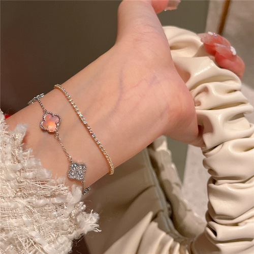 Jojo's New Arrival Sweet Little Flower Bracelet with Sparkling Glitter, Korean Style Ins Wind Sweet Pink Four-Leaf Cord