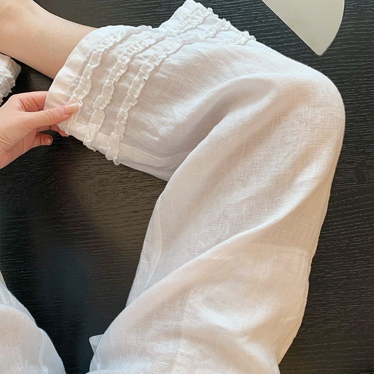リラックスした耳付きストレートコットンとリネンの女性用カジュアルパンツ、夏の新しいスタイル、怠惰で多用途な白い9点ワイドレッグパンツ|undefined