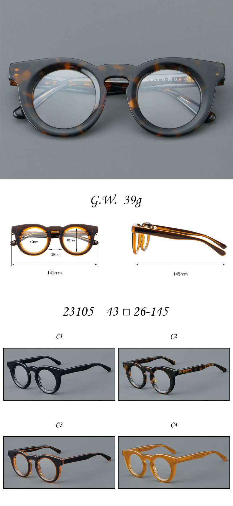 Japanese Retro Acetate Eyeglass frames Clear lens 46 21-146mm