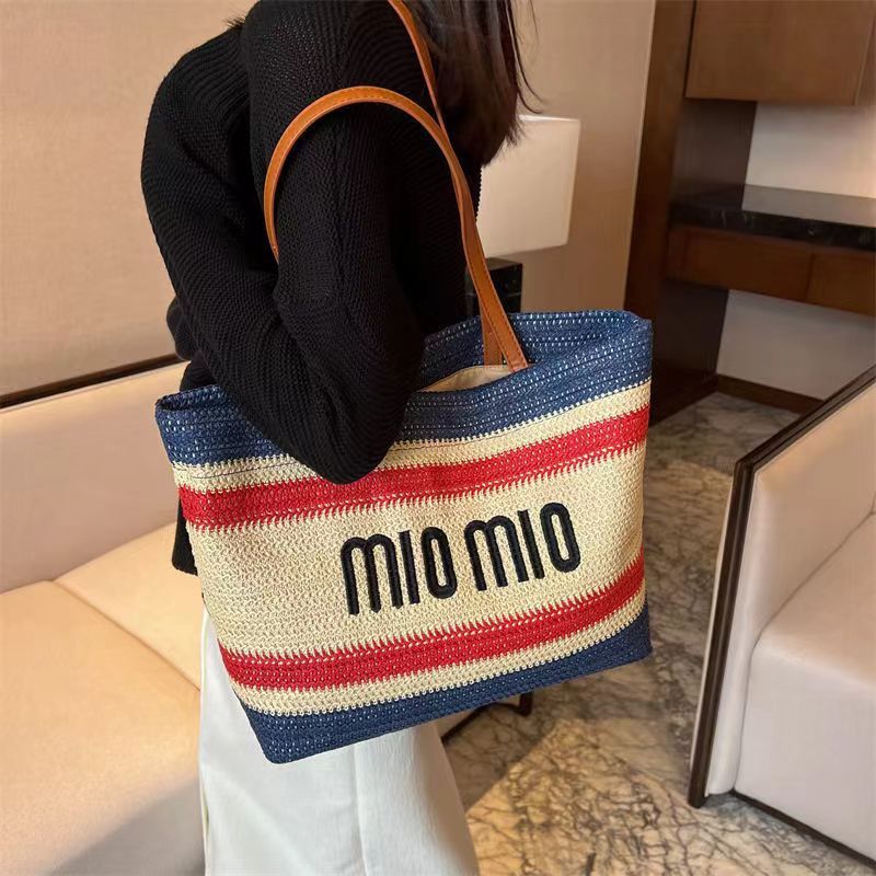 Cross-border 2025 New MIU Home Tote Bag Crossbody Striped Letter Woven Straw Bag Contrast Color Shoulder Beach Bag