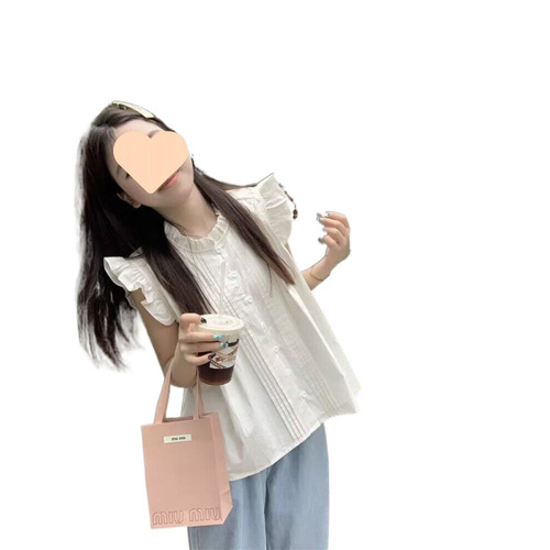 French-inspired, sweetly chic petite fly-sleeve blue plaid shirt for women—summer, retro, and uniquely designed with delicate ruffled edges and a sleeveless top.