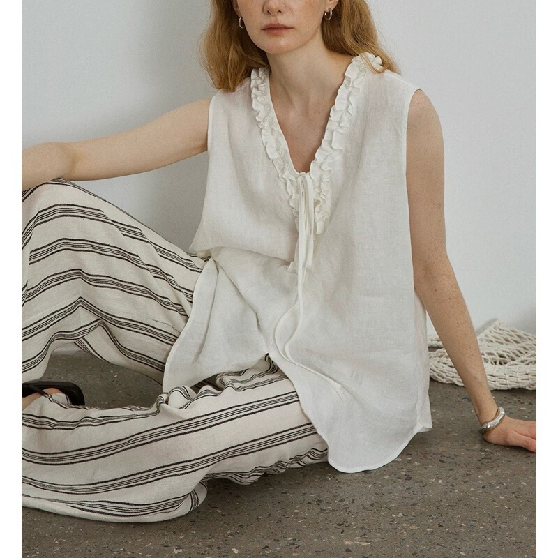 Countonm Reversible 100% Linen Handmade Ruffled V-Neck Tie Sleeveless Vest Shirt Top