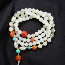 原创天然新疆和田玉珠链挂绳批发女白玉圆珠挂链搭配南红朱砂珍珠