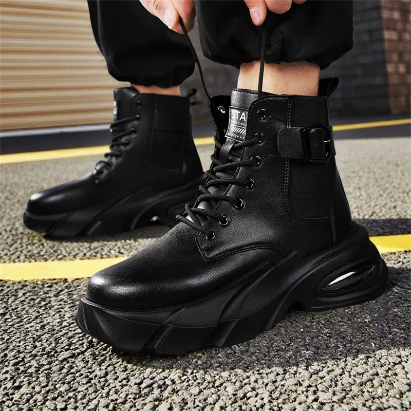 马丁靴男士冬季新款英伦风侧拉链高帮工装靴黑色百搭厚底增高皮靴