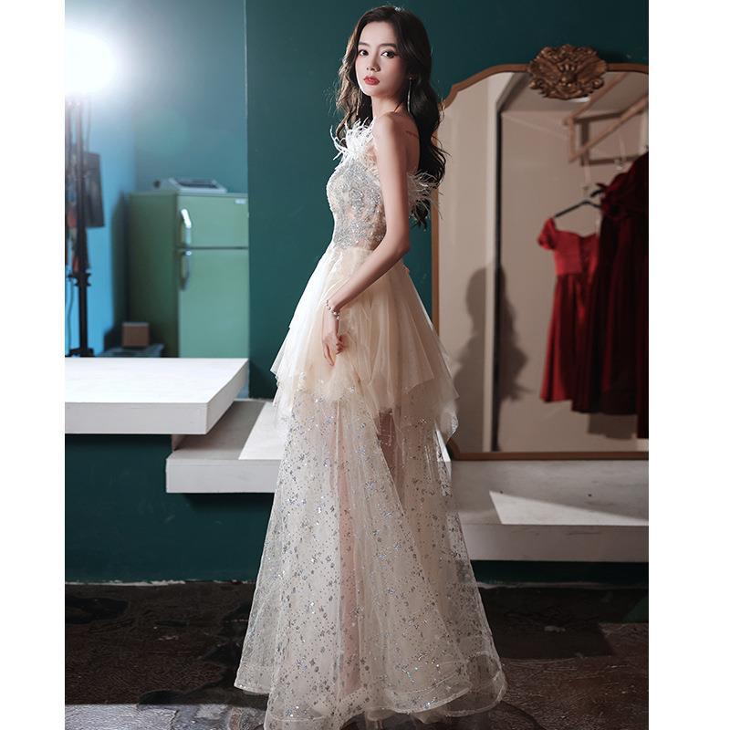 Đầm dạ hội nữ ôm body cổ yếm tay bồng thiết kế cổ tích — Mẫu dài màu sâm panh