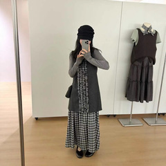 【WOW】韩系小众设计感格纹花瓣拼接背心连衣裙(配包包 不含内搭)