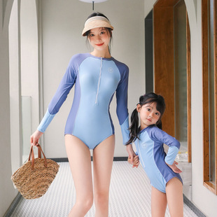 Sports Parent-child Swimsuit Professional Outdoor Triangle One-piece Long-sleeved Sunscreen Conservative Swimming Pool Girls Baby Mother's Dresses