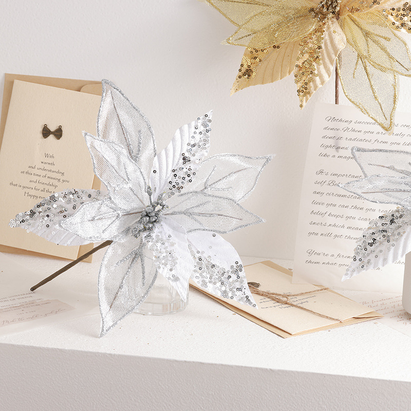 Buscando flores de Navidad transfronterizas 30cm decoraciones de árbol de Navidad de champán oro flores falsas flores hechas a mano flores DIY