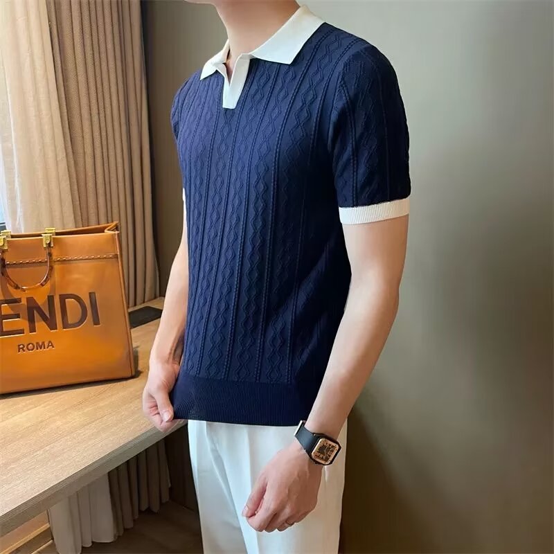 Herren Eis Seide Strickpolo Slim Fit Kurzarm Sommer Pullover_voghion.com