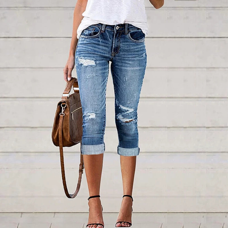 Jeans Capri para Mujer de Algodón Denim Elástico Con Agujeros